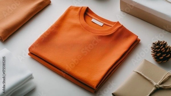 Obraz New orange blank t shirt, gifts, and pine cone arranged on white surface