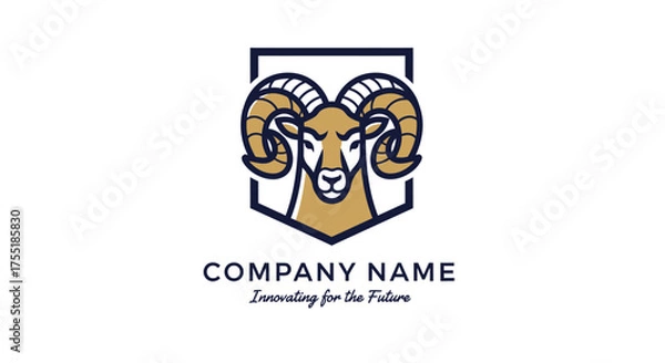 Obraz A striking logo featuring a ram's head with large, curved horns, set within a shield emblem, symbolizing strength and leadership.