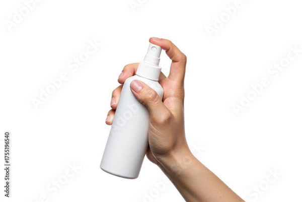 Fototapeta Hand Holding White Matte Spray Bottle — on transparent png Background