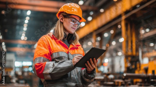 Fototapeta Female worker in high visibility jacket and hard hat is using tablet in industrial setting