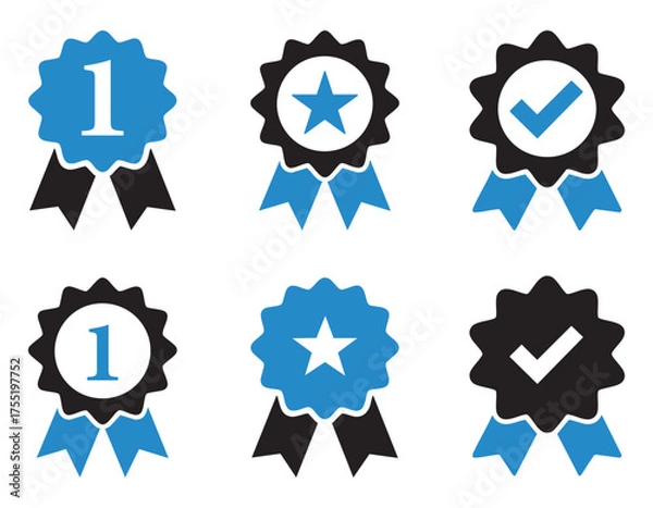 Fototapeta set of icons, Collection of Award Ribbons and Badges Featuring First Place Stars and Checkmarks for Recognition and Achievement	