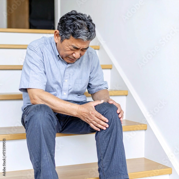 Fototapeta 膝が痛い中年男性　自宅の階段で膝を押さえる
