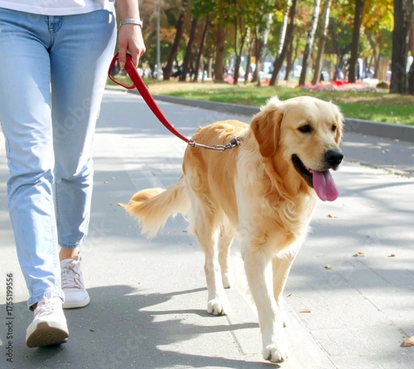 Fototapeta 公園で犬の簿散歩をする女性
