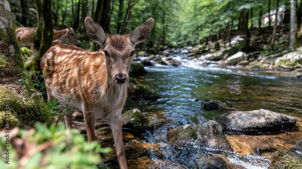 Fototapeta a deer walking through river