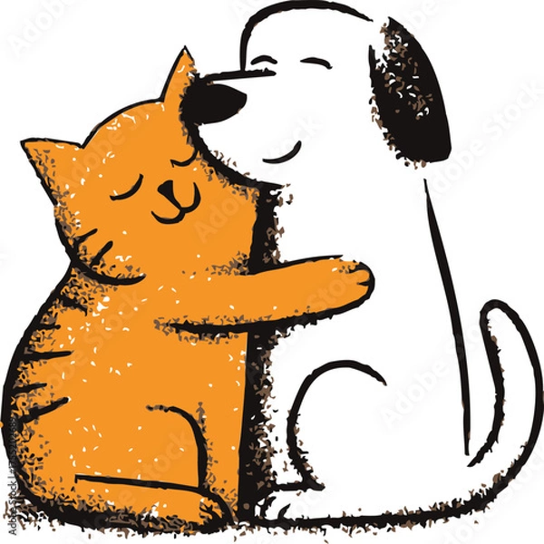 Fototapeta Cat and dog sketch hand drawn hugging with happy expressions — stock vector