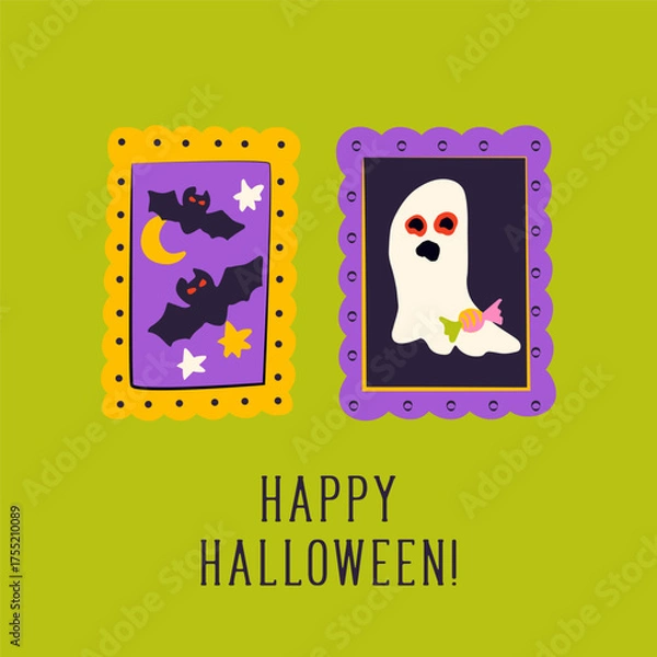 Fototapeta Happy Halloween Ghost Bat Greeting Card. Vector Illustration of Hand Drawn Doodle 31 October Holiday. Wall Background. Trick or Treat.