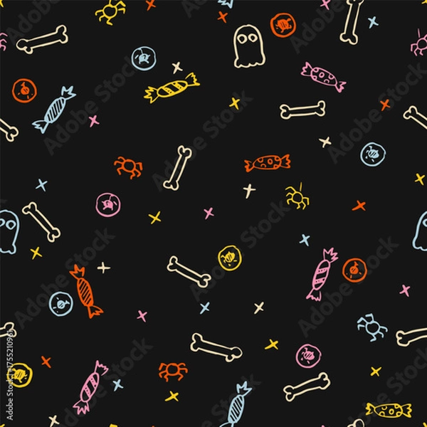 Fototapeta Happy Halloween Trick or Treat Seamless Pattern. Vector Illustration of Hand Drawn Doodle 31 October Holiday. Greeting Background. Spider Candy Eyeball Ghost and Bone.