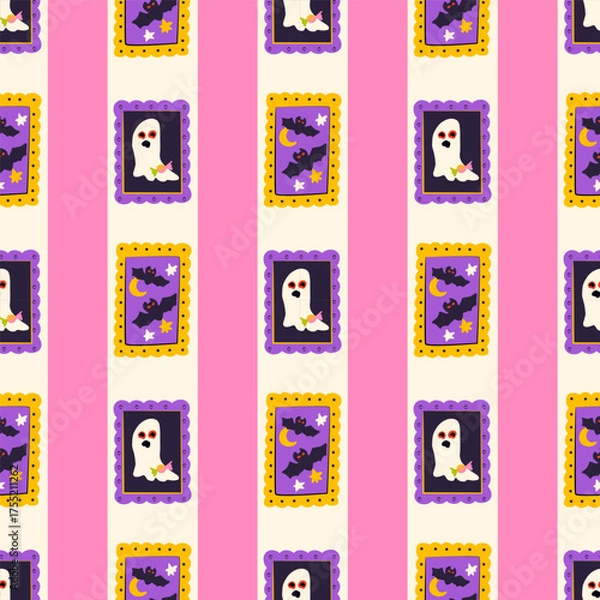 Fototapeta Picture Frame Wall Ghost Bat Seamless Pattern. Vector Illustration of Hand Drawn Doodle 31 October Holiday. Greeting Wall Background. Trick or Treat. Happy Scary Halloween.