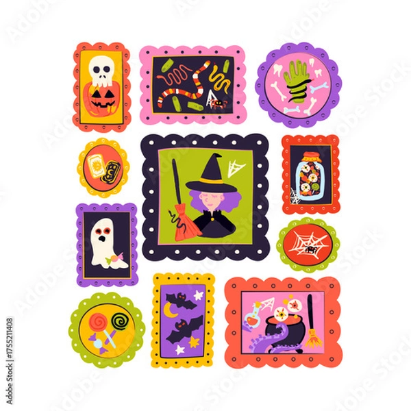 Fototapeta Happy Halloween Picture Frames Isolated over White. Vector Illustration of Hand Drawn Doodle 31 October Holiday. Greeting Wall Background. Trick or Treat.