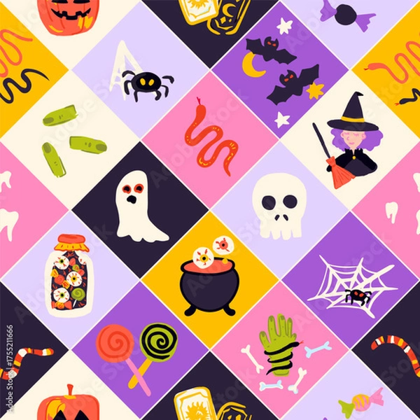 Fototapeta Scary Halloween Seamless Pattern. Vector Illustration of Hand Drawn Doodle 31 October Holiday. Square Background. Trick or Treat. Pumpkin Skull.