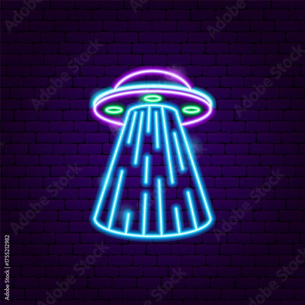 Fototapeta Neon UFO Spaceship Sign. Vector Glowing Art Illustration of Trendy Pop Shape. Popular Led Lamp Object. Brick Wall Dark Background.