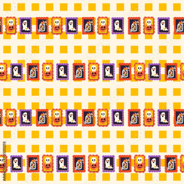 Fototapeta Picture Frame Happy Halloween Seamless Pattern. Vector Illustration of Hand Drawn Doodle 31 October Holiday. Greeting Wall Background. Trick or Treat. Ghost Pumpking Skull.