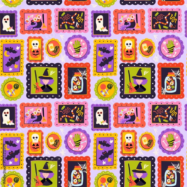 Fototapeta Happy Halloween Picture Frame Wall Seamless Patterns. Vector Illustration of Hand Drawn Doodle 31 October Holiday. Greeting Background. Trick or Treat.