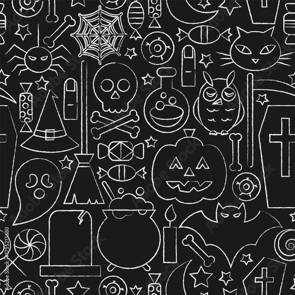 Fototapeta Black Happy Halloween Sketch Seamless Pattern. Vector Illustration of Outline Sketch 31 October Holiday. Greeting Line Doodle Background. Trick or Treat Linear Texture. Jack o Lantern Witch Skull.