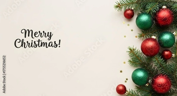 Fototapeta Christmas greeting with red and green ornaments and pine branches on a cream colored background design