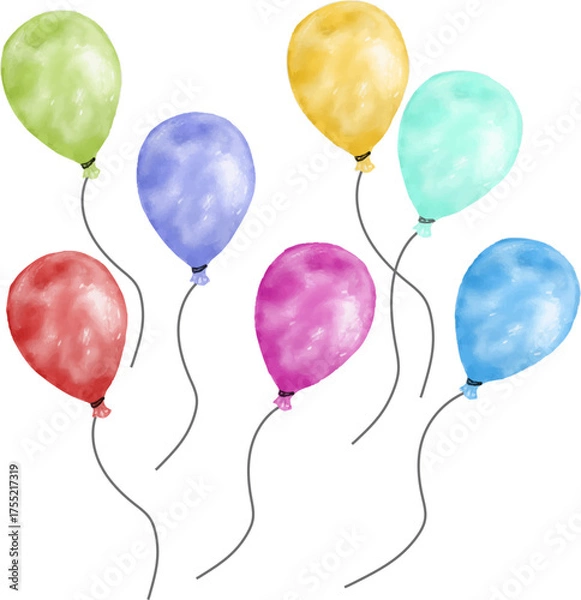 Fototapeta Artistic celebration balloons in rainbow colors. Watercolor illustration of colorful balloons with strings in red, blue, yellow, green, pink, and turquoise tones on white background