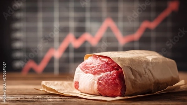 Fototapeta Raw meat wrapped in paper with a rising graph in the background indicating price increases seen