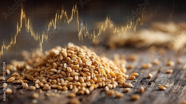 Obraz Pile of wheat grains on a wooden surface with a financial chart overlayed in the background