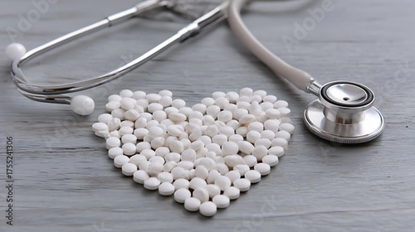 Obraz Stethoscope and heart shaped pills on a wooden surface representing health and medicine concept
