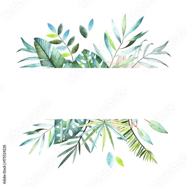 Fototapeta Tropical plants collection. Watercolor colorful frame. Collection included tropical leaves and branches. Perfect for you postcard design,invitations,projects,wedding card,logo.