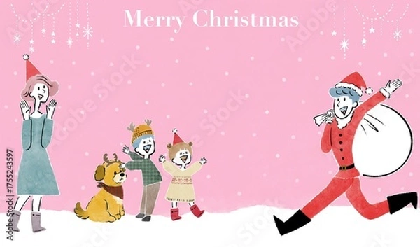 Fototapeta クリスマスの日を楽しむ家族のグリーティングカードテンプレート