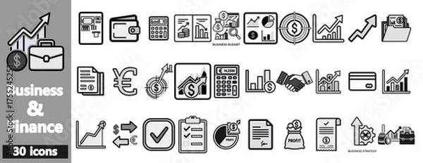 Fototapeta Set of business and finance icons in black and white.