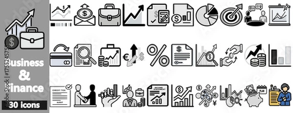 Fototapeta Set of 30 business and finance icons in black and white.