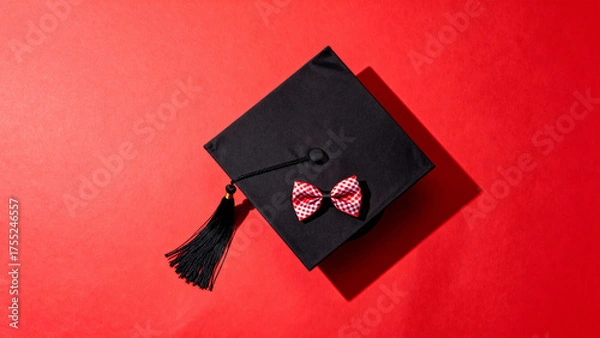 Fototapeta Graduation cap with tassel and decorative bow on red background in a top-down view composition. event programs, museum guides, designed for cultural heritage projects and event programs.
