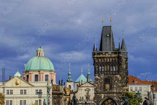 Fototapeta Beautiful Aerial view of  the Old Town Bridge Tower, the Charles Bridge (Karlův most) and the City of Prague