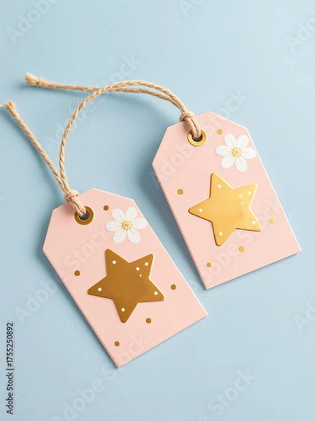 Obraz Light pink matte star-shaped gift tags with gold metal toppers, soft white leaf patterns, red berry accents