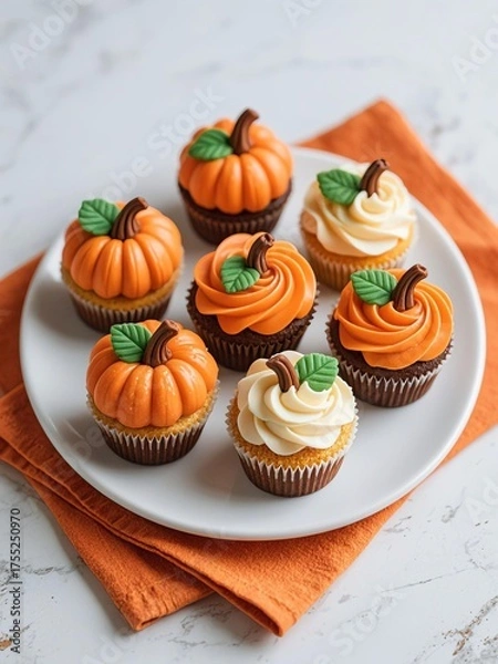 Fototapeta Seven pumpkin-themed cupcakes with orange buttercream swirls, green fondant leaves, and brown stems on a white plate, photorealistic