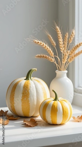 Obraz Photorealistic close-up of two pumpkins with white, soft orange, and yellow blended stripes; wheat stalk designs; matte cream vase, light gray wall, and natural window light