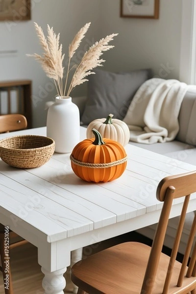Obraz Cozy autumn scene with paper pumpkin, pampas grass in vase, woven jar, fabric pumpkin on white wooden table, gray pillow and blanket in background
