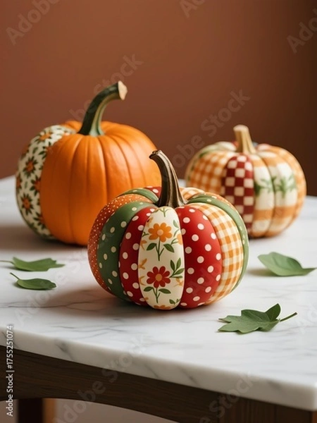 Obraz Photo-realistic patchwork fabric pumpkins with autumn patterns (floral, stripes, polka dots) in warm orange/red/green/beige; textured solid pumpkins background