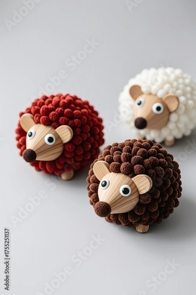 Fototapeta Three hedgehog-shaped plush toys with rust, dark brown, and cream fur, cardboard-like snouts and eyes, on white background, photo-realistic texture