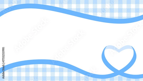 Fototapeta ハート型のリボンのデコレーションフレーム、ギンガムチェック柄のパターン背景、16:9サイズ