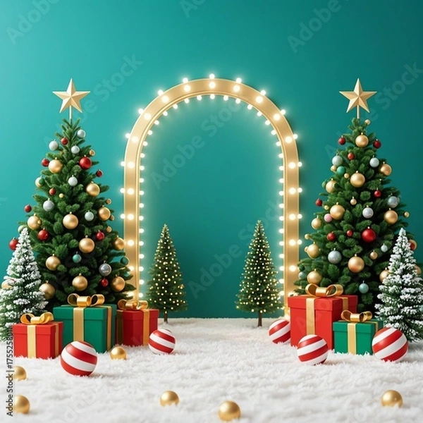 Fototapeta Photo-realistic Christmas scene with green background, gold arch, warm white string lights, two large Christmas trees with gold ornaments and star tops