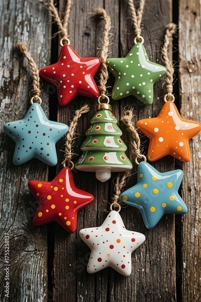 Fototapeta Photorealistic ceramic Christmas ornaments (mostly stars, snowflake instead of tree) with matte/glazed/speckled finishes in red, green