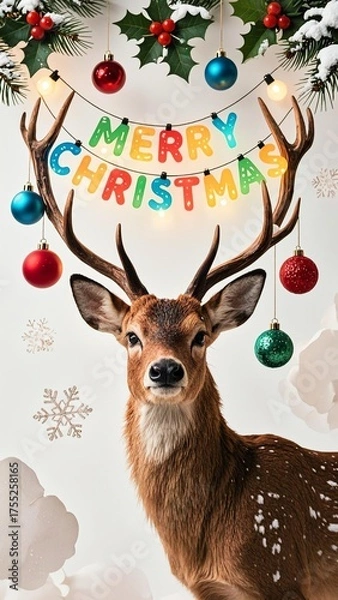 Fototapeta Realistic deer head with brown antlers adorned with colorful Christmas lights spelling 'MERRY CHRISTMAS', surrounded by festive ornaments (red star, blue snowflake, green dotted)