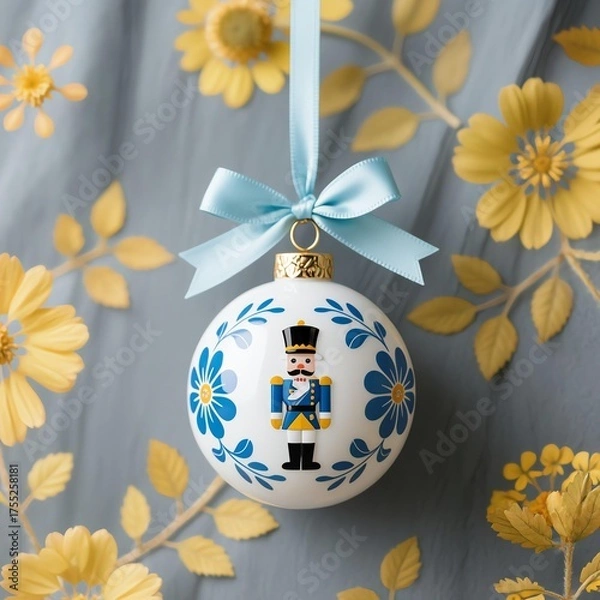 Fototapeta White Christmas ornament with blue hand-painted floral patterns and nutcracker figure, hanging from pale cyan satin ribbon on gray fabric with warm yellow floral designs