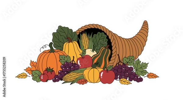 Obraz A vibrant illustration of a cornucopia overflowing with a bountiful autumn harvest, featuring pumpkins, squash, apples, grapes, and corn.