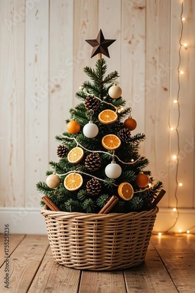 Fototapeta Photo-realistic rustic Christmas tree in wicker basket with dried orange slices, star anise, pinecones, wood stars, white/gold/orange baubles, twine garland, fairy lights; wood panel wall and floor