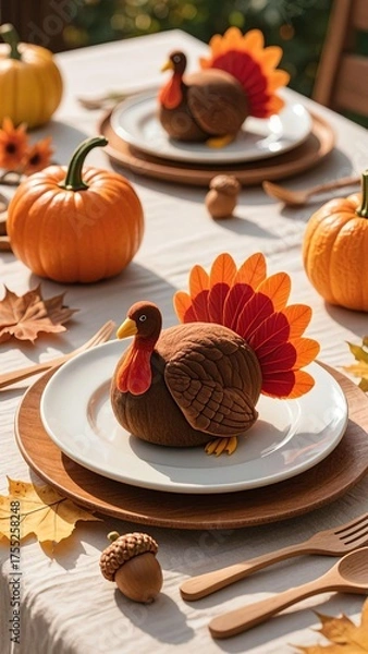 Fototapeta Realistic Thanksgiving table setting with turkey-shaped place cards (brown bodies, gradient orange-red paper feathers) on white plates, small pumpkins