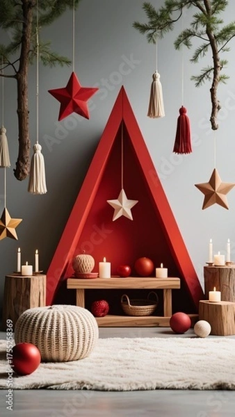 Fototapeta Red triangular wall decor with wooden houses, trees, and baubles; light blue-accented trees, brass bells, light gray wall, hanging pine ornaments, woven poufs and candles