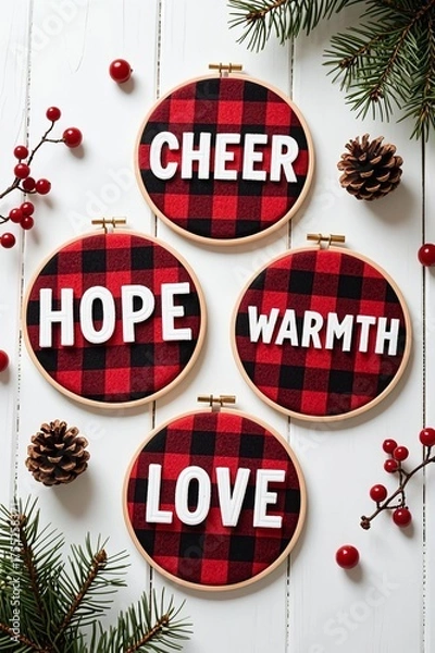 Fototapeta Four red and black buffalo check embroidery hoops with bold white text (CHEER, HOPE, WARMTH, LOVE) on white wood, surrounded by pine branches, pinecones, and red berries â€“ rustic Christmas decor