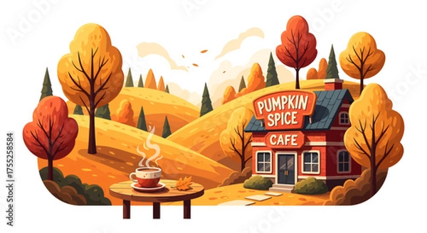 Obraz An inviting autumn scene featuring a pumpkin spice cafe nestled in a vibrant, colorful landscape.