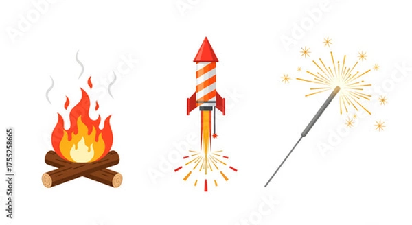 Obraz Illustration of a campfire, a rocket launching, and a sparkler with bright sparks.