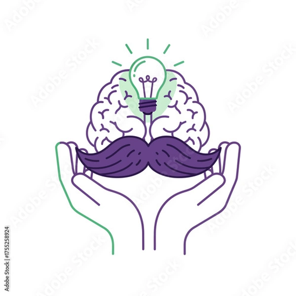 Obraz Brain with lightbulb and mustache held in hands illustration.
