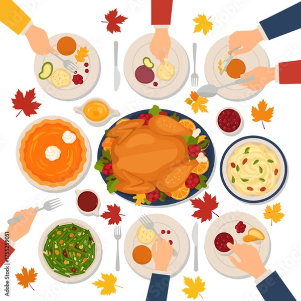 Obraz A top-down view of a Thanksgiving dinner table with a roasted turkey, pumpkin pie, and various side dishes, surrounded by people's hands reaching for food.