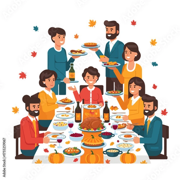 Obraz Happy family celebrating Thanksgiving dinner with a roasted turkey, pies, and autumn decorations around a festive table.